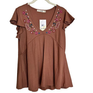 Live to be Spoiled Juniors Baby Doll Thermal Knit Top Large Brown Embroidered